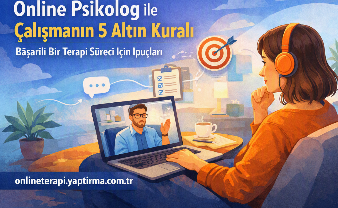 Promotional banner for online psychology tips, showing a woman with orange headphones video-calling a therapist on a laptop, with coffee cup and plants nearby.