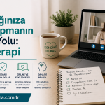 Turkish online-therapy banner: large headline about investing in mental health for 2026, with a laptop video call, coffee mug, plants, and a notebook on a desk.