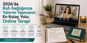Turkish online-therapy banner: large headline about investing in mental health for 2026, with a laptop video call, coffee mug, plants, and a notebook on a desk.