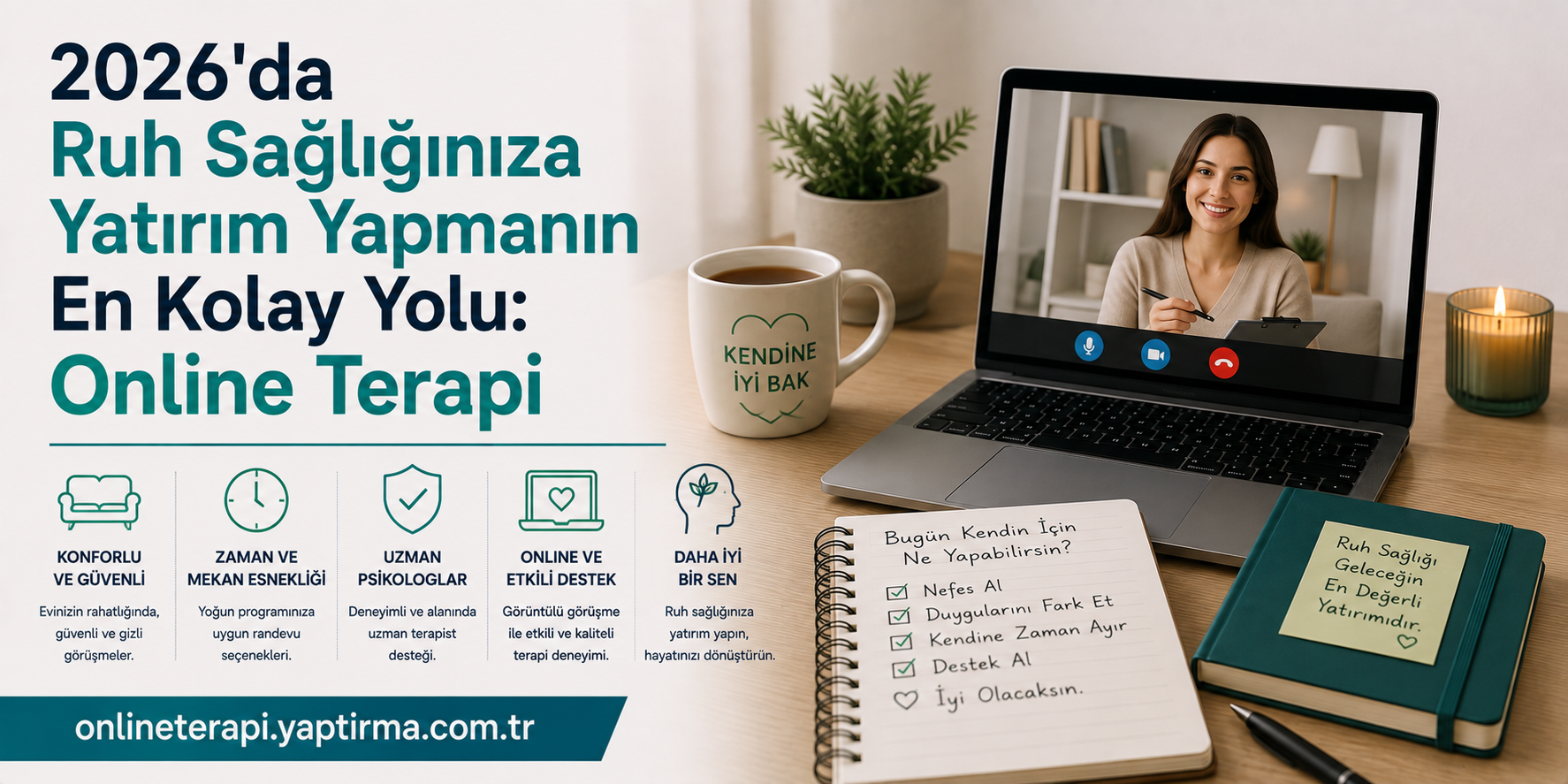 Turkish online-therapy banner: large headline about investing in mental health for 2026, with a laptop video call, coffee mug, plants, and a notebook on a desk.