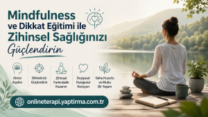 Banner promoting mindfulness and mental health with a person meditating by a lake, Turkish headlines and icons for stress relief, focus, mental clarity, emotional balance, and well-being; includes onlineterapi.yaptirma.com.tr URL.