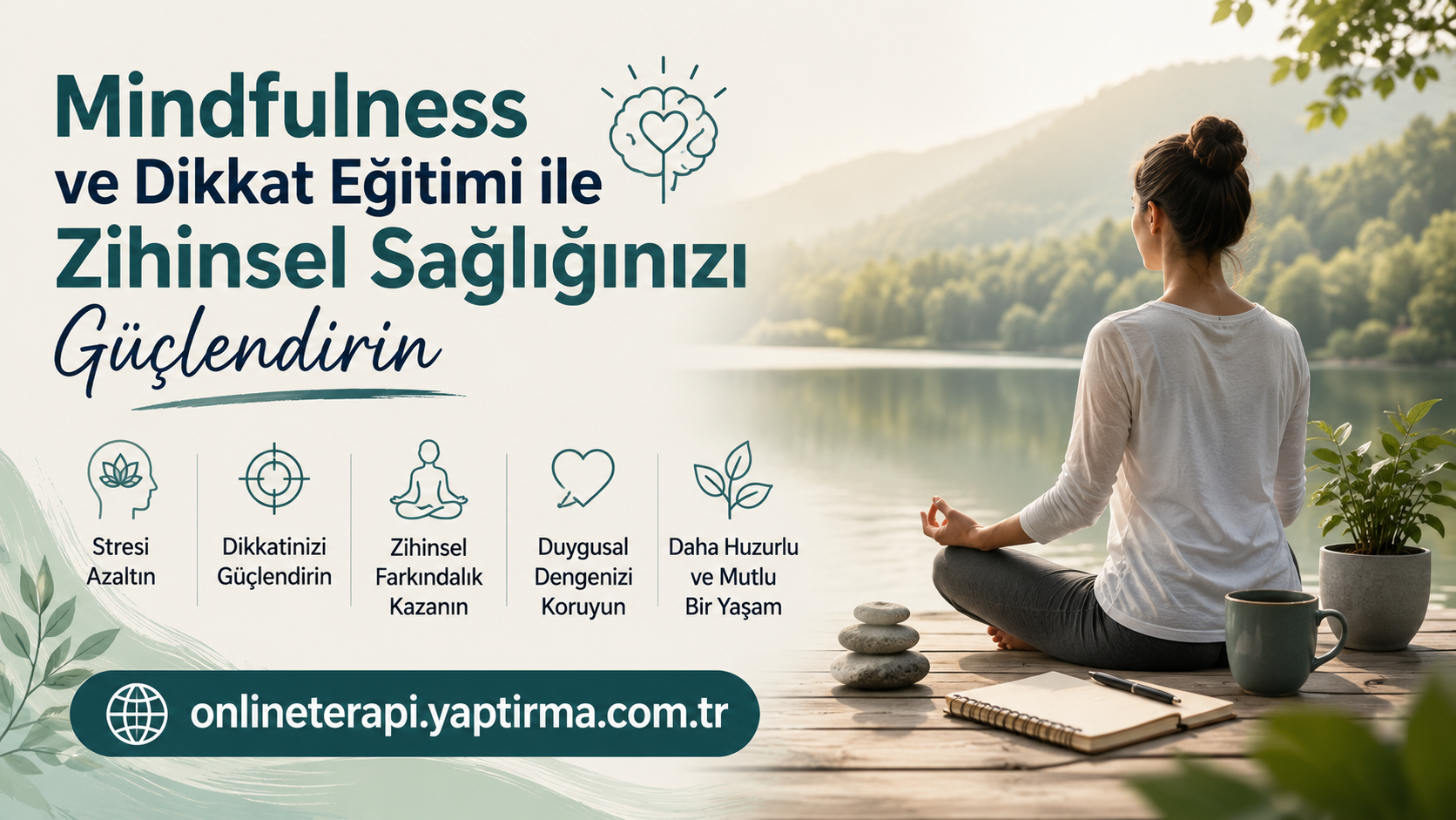 Banner promoting mindfulness and mental health with a person meditating by a lake, Turkish headlines and icons for stress relief, focus, mental clarity, emotional balance, and well-being; includes onlineterapi.yaptirma.com.tr URL.