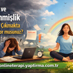 İş stresi ve tükenmişlikle mücadele için online terapi reklamı; masa başında stresli kadın ile doğada meditasyon yapan kadın gösteriliyor.
