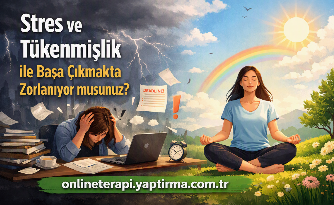 İş stresi ve tükenmişlikle mücadele için online terapi reklamı; masa başında stresli kadın ile doğada meditasyon yapan kadın gösteriliyor.