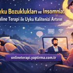 Uyku bozuklukları için online terapi reklamı; gece sahnesinde uyumaya çalışan kadın ve bilgisayarda terapistle görüşen kişiyle banner.
