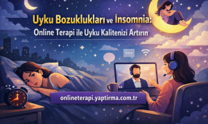 Uyku bozuklukları için online terapi reklamı; gece sahnesinde uyumaya çalışan kadın ve bilgisayarda terapistle görüşen kişiyle banner.